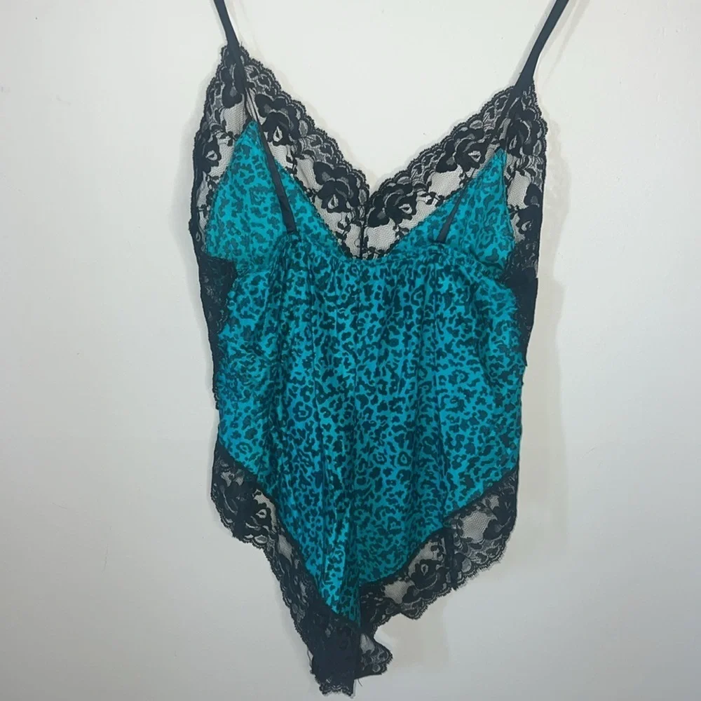 Vintage 80’s California Dynasty Teal and Black Animal Print Lace Lingerie Small